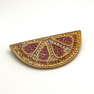 Vintage Carlisle Signed Swarovski Rhinestone Pink Gold Grapefruit Brooch